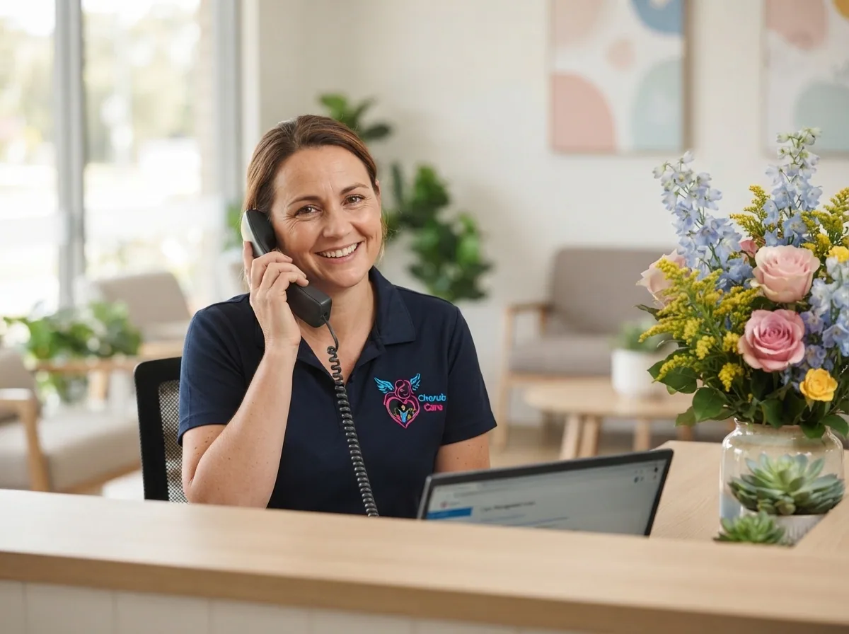 A friendly team member answering a phone call at reception