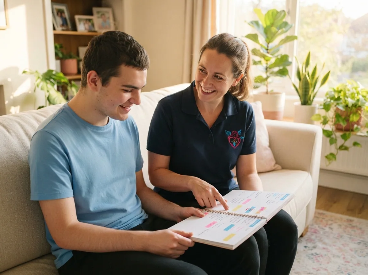 A support worker and a participant reviewing a weekly routine together on the sofa