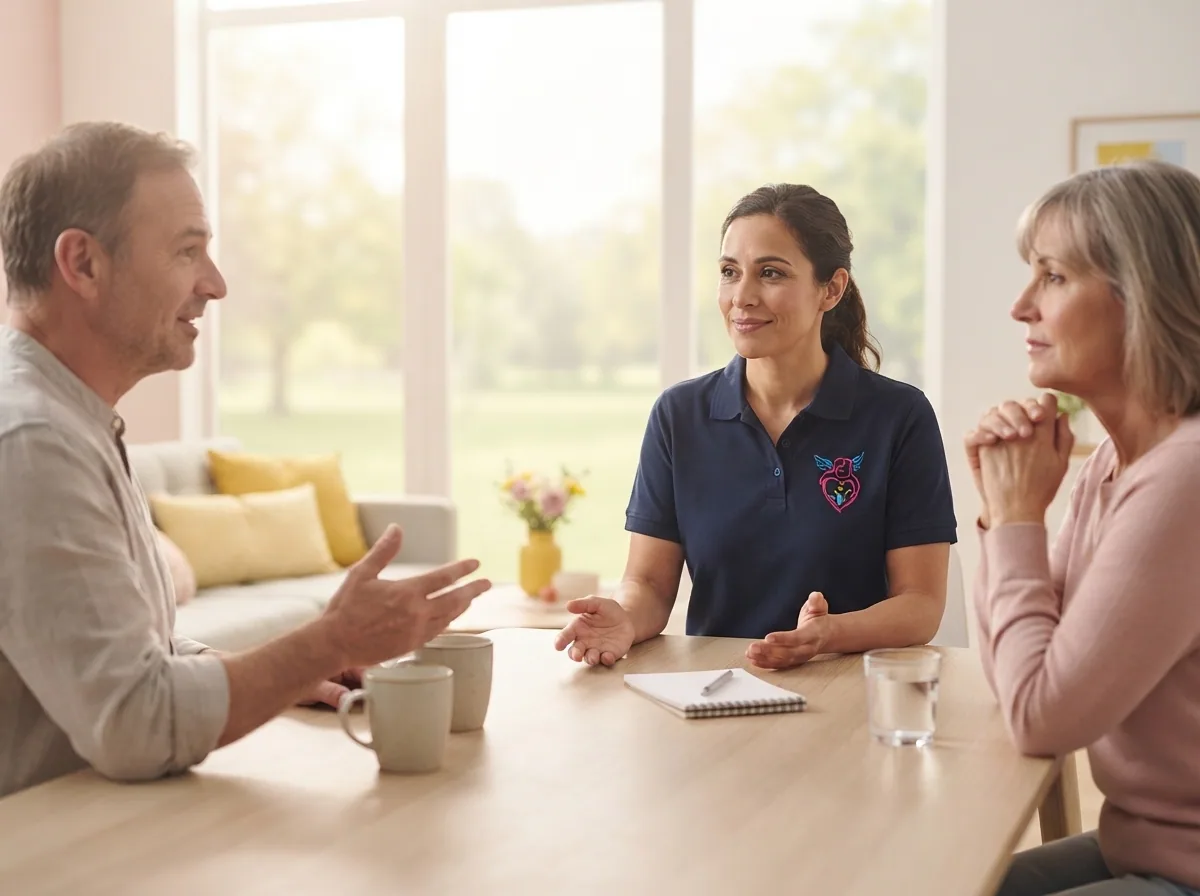 A team member listening carefully to a participant and family member