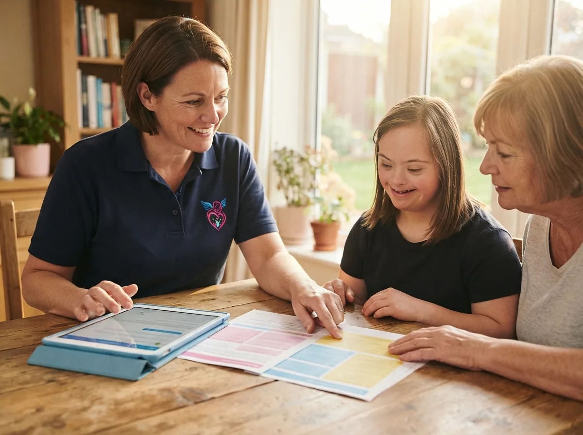 A support coordinator explaining NDIS information to a family